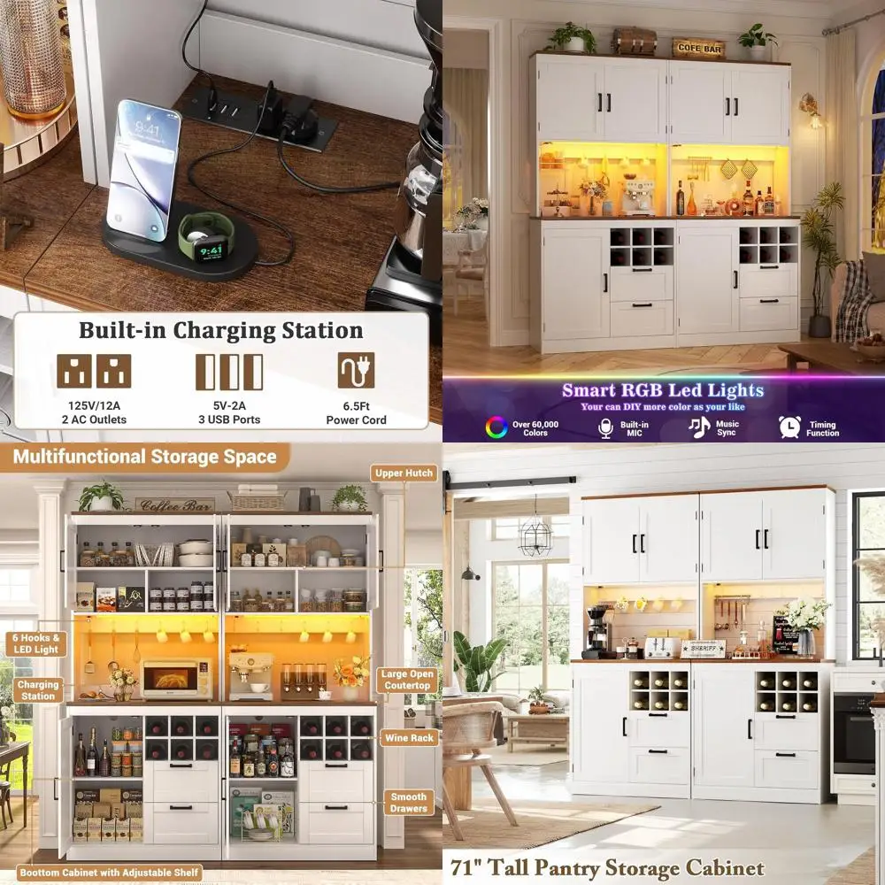 

63 Wide White Kitchen Pantry Cabinet with LED Light, Outlet, Microwave Stand, Wine Rack & Storage Shelves