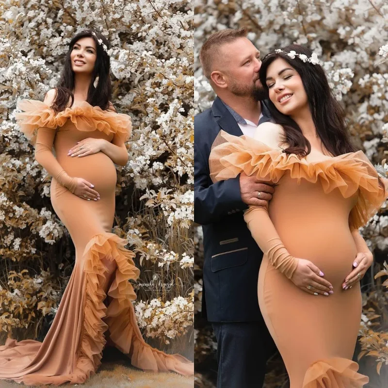 

Elegant Mermaid Maternity Dress for Photoshoot Long Prom Dresses with Ruffles Side Split Baby Shower Gowns vestido de novia
