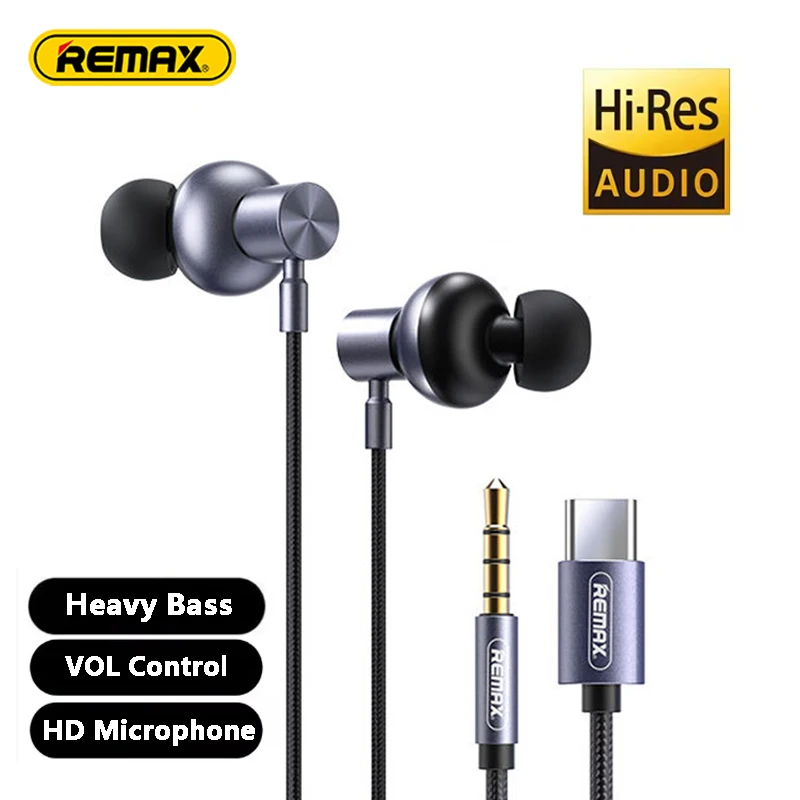 Remax Matel Wired Earphone For HD Calls Music Sport Headphone With Micphone Volume Control for Samsung Type-C 3.5mm