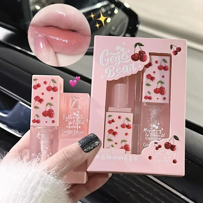 Cherry Hydrating Lip Balm and Lip Oils Set Gege Bear Light Moisturizing Soothing Nourishing and Tender Lips Care For Winter Use