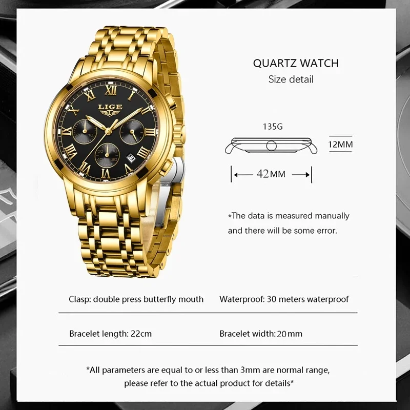 2024 LIGE Fashion Women Watches Ladies Top Brand luxury Waterproof Gold Quartz Watch Women Stainless Steel Date Wear Gift Clock