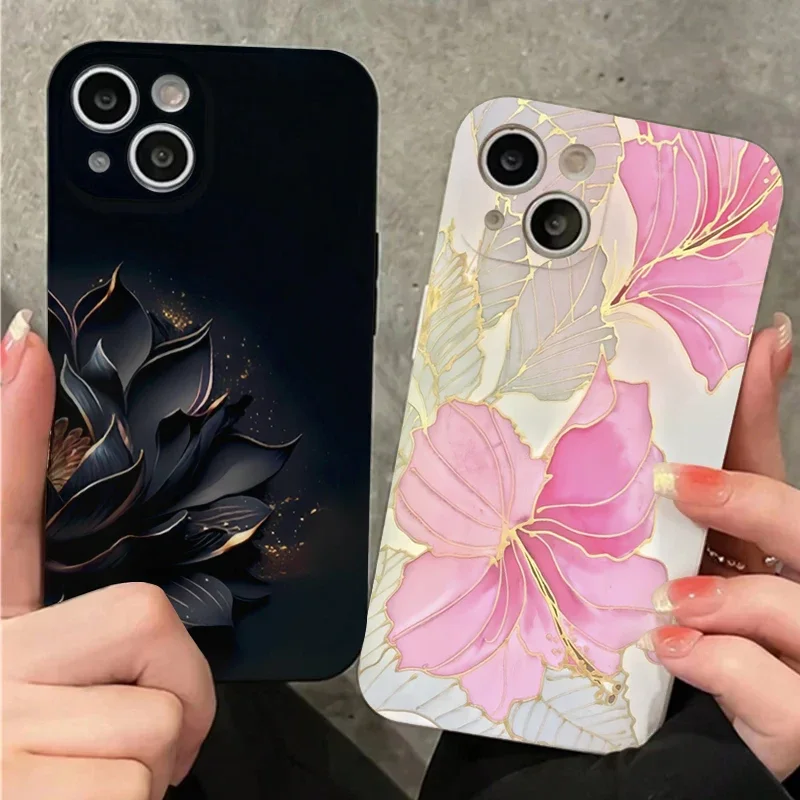 Luxury Black Lotus Flower Phone Case For iPhone 16 15 14 Pro Max 13 12 11 XS XR 7 8 Plus 13 Mini Shockproof Soft Silicone Cover