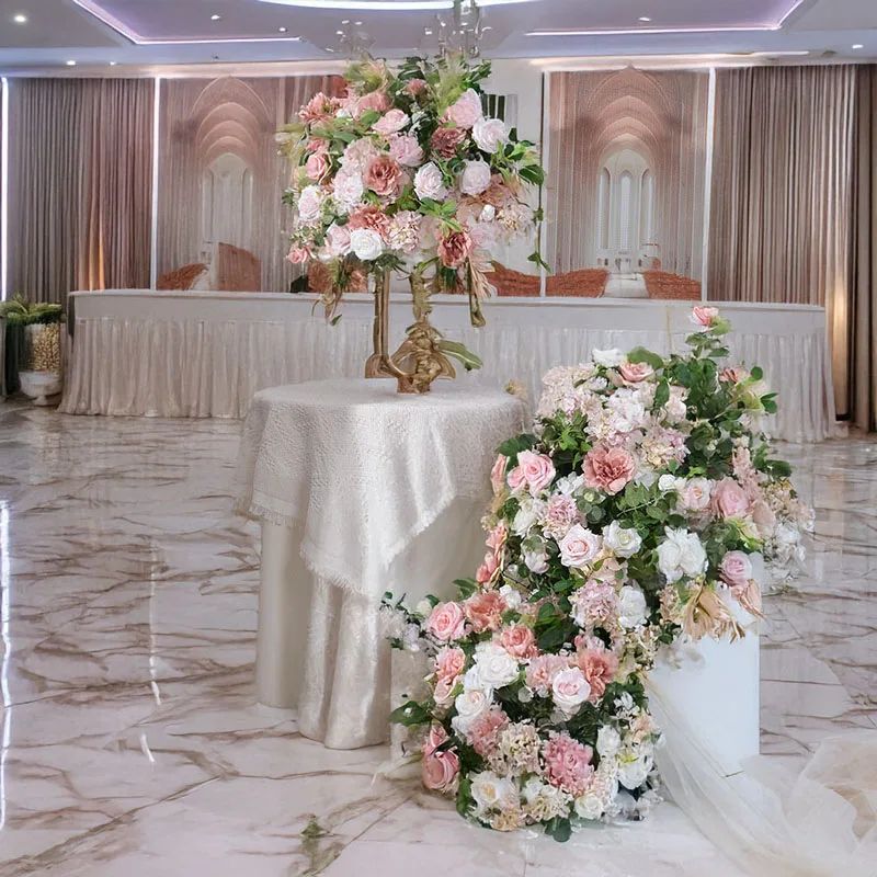 

2M Artificial Pink Rose Arrangement Wedding Arch Background Decoration Long Row Flower Table with Flower Balls Placed