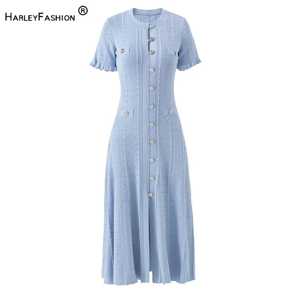 

2025 Summer High Quality Lady Designed Button Solid Short Sleeve O-neck Single-breasted Knits A-line Midi Dress Women