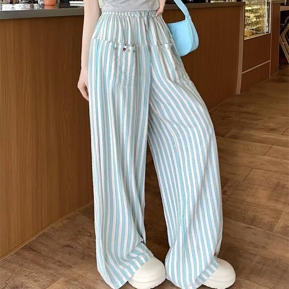 

Fashion Chic Casual Stripe Long Pants High Waist Thin Wide Leg Pants Trousers Loose Straight Leg Pants Women