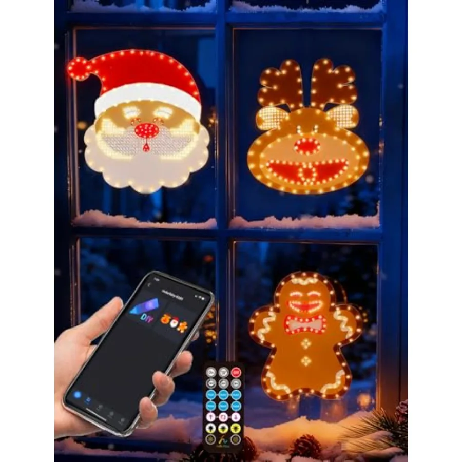 3Pack 12in Smart Christmas Window Lights Decorations with Remote/App Lighted Santa Face Reindeer Gingerbread Man Timer Music Sy