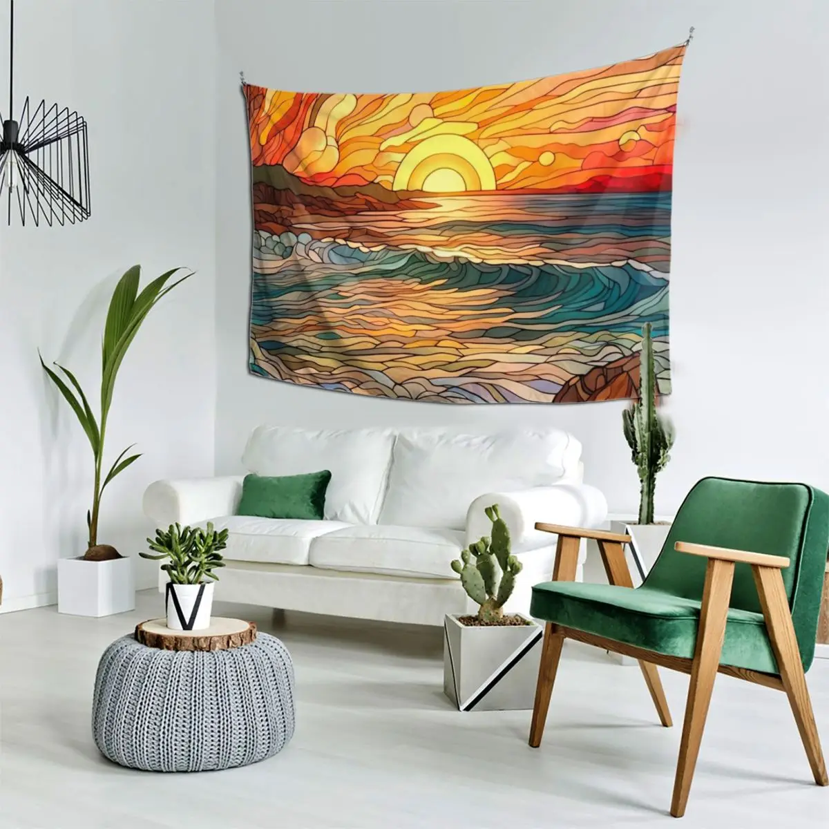 Stained Glass ฉากชายหาดและ Sunset Tapestry อุปกรณ์ตกแต่งห้องผนังตกแต่งกลางแจ้ง Decor Tapestry