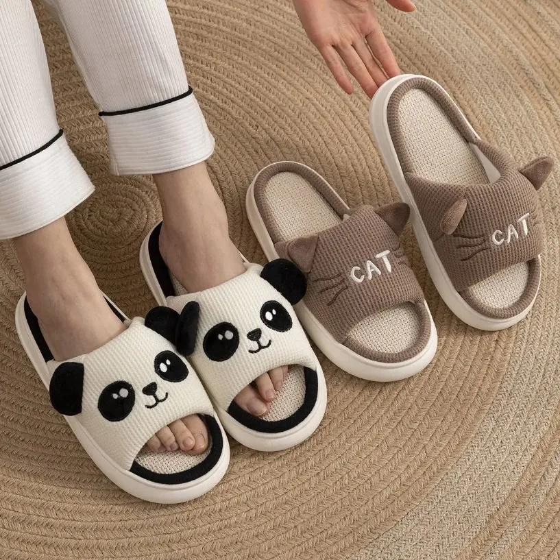 House Slippers Panda Cat Women Summer Cute Linen Couples Indoor Non Slip Thick Funny Sandals Cartoon Kawaii Home Shoes 2024 New