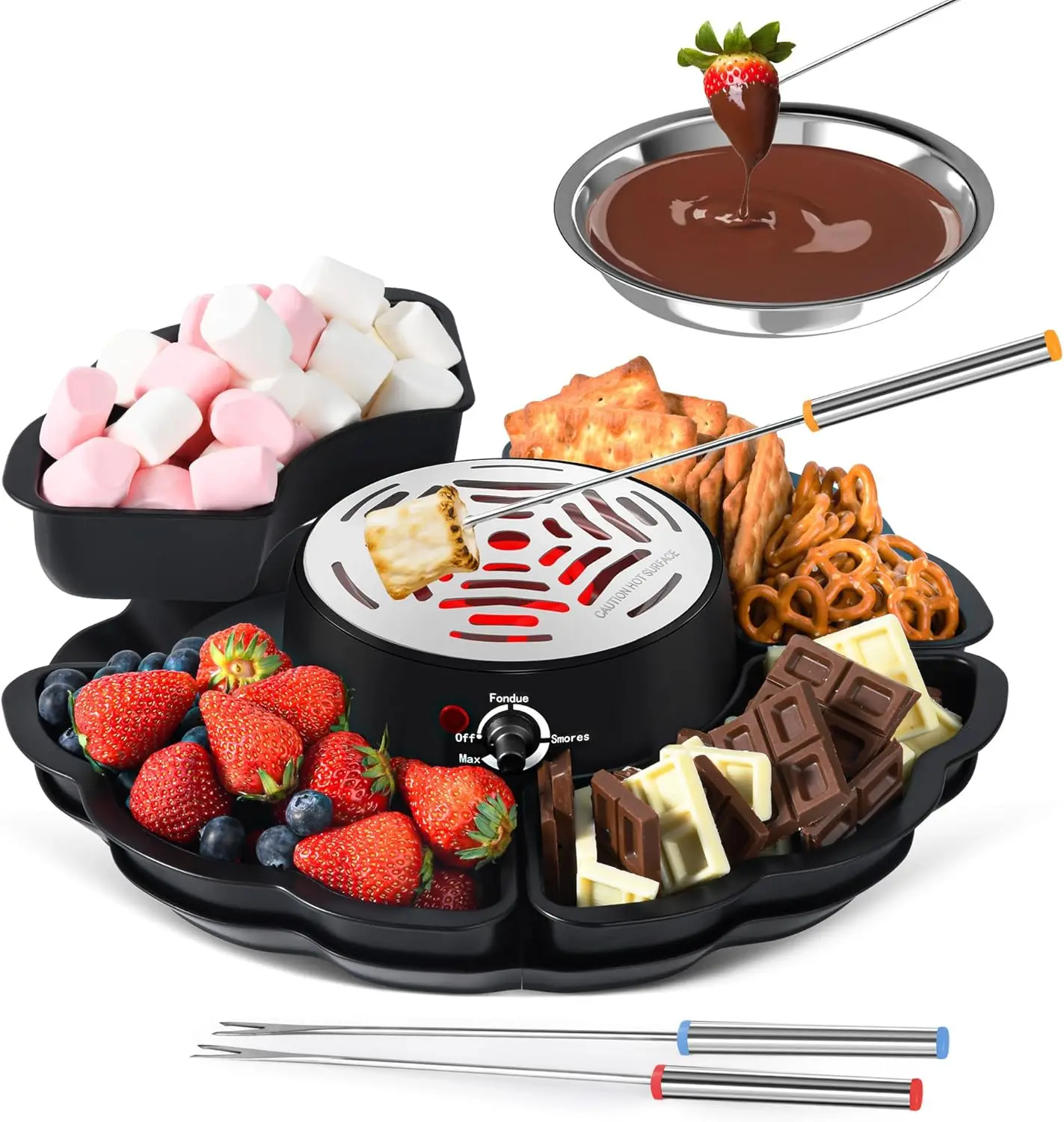

2 in 1 Electric S’mores Maker & Fondue Pot, Tabletop Indoor Smores kit with 4 Roasting Forks, 4 Detachable Trays & 1 Flameless