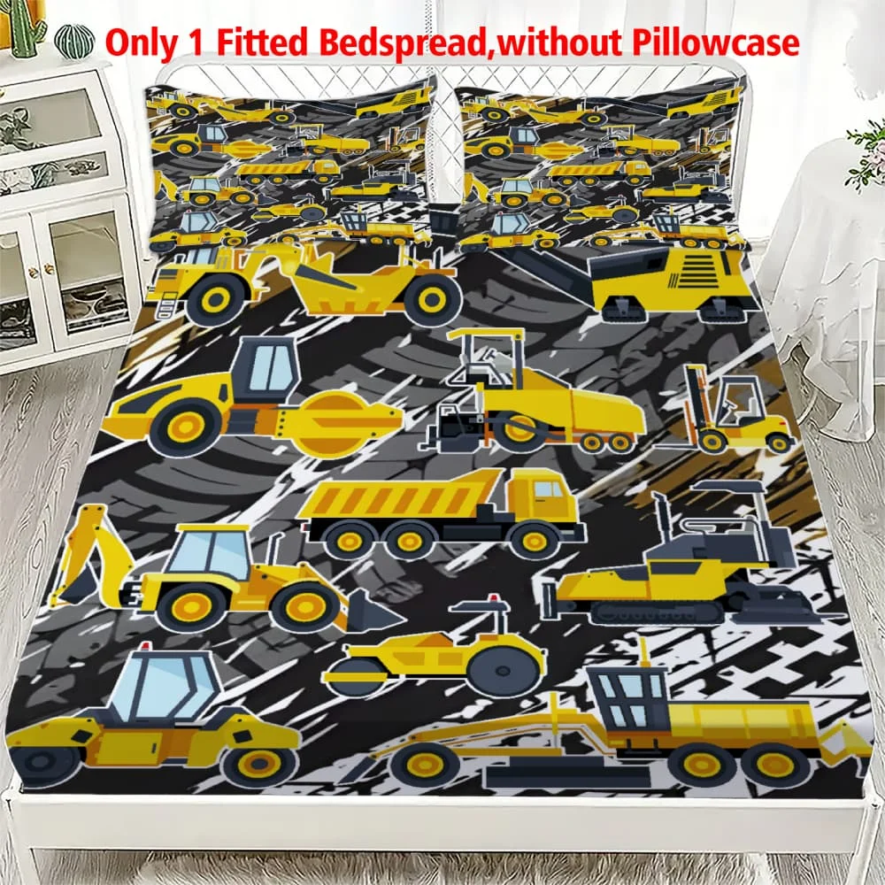 1pc Construction Vehicle Print Fitted Sheet Deep Pocket Elastic Mattress Cover Single Double Queen King Bedroom Decor