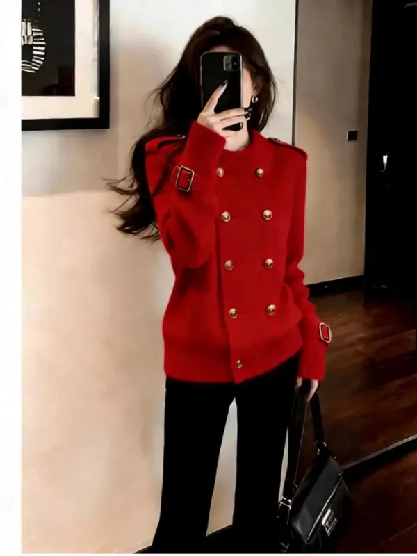 

American Retro Sle Casual Loose Knitwear Coat Women's Double Button Red Open Cardigan Soft Long Sve round Ne Warmth