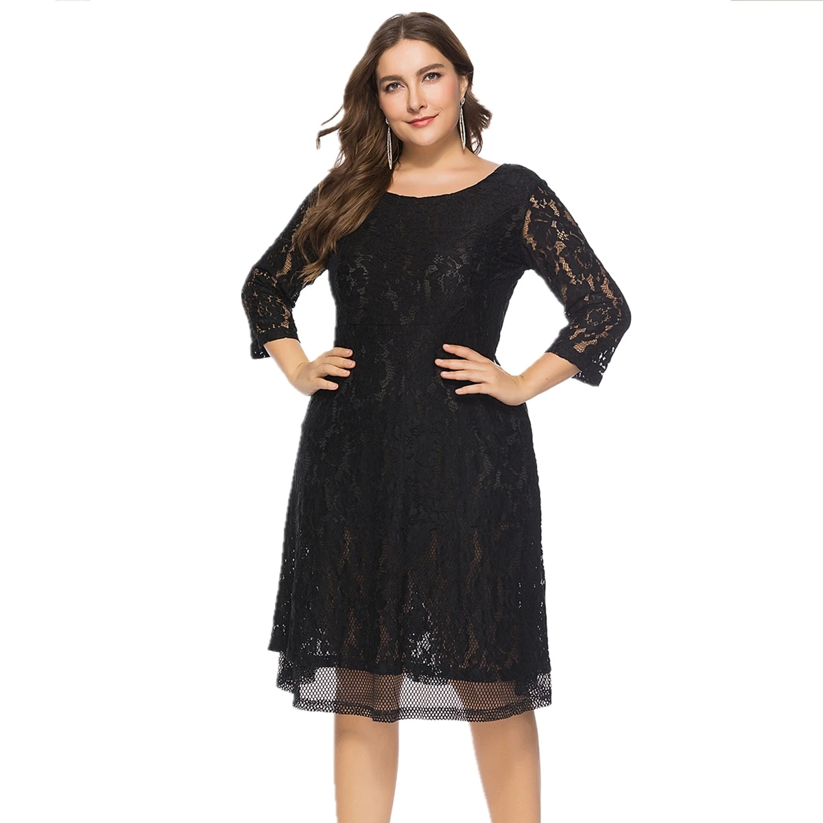 Plus Size New Arrival czarny kolor O dekolt rękaw 3/4 imprezowa wieczorowa, formalna koronkowa sukienki Midi dla kobiet