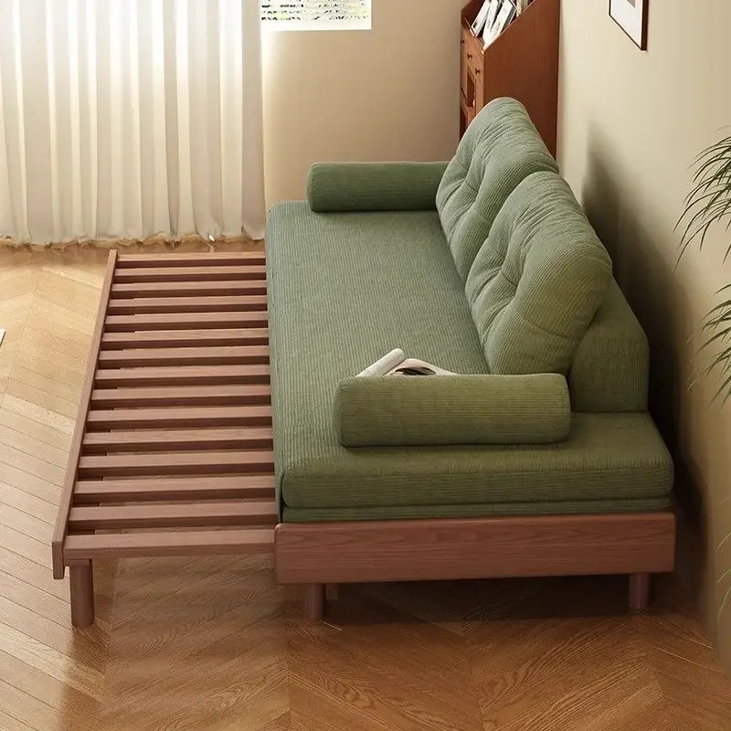 Ash wood sofa bed folding dual-purpose small apartment living room single double corduroy all solid