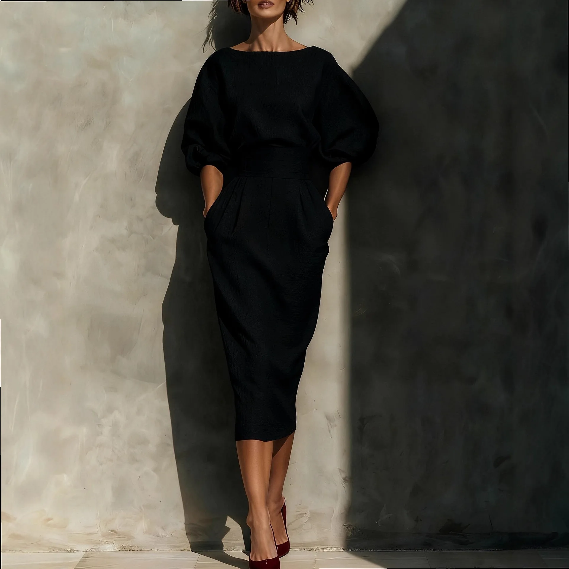 Women Elegant Boat Neck A-Line Dress Bubble Sleeve Top High Waist Pleated Skirt Vintage Matching Set