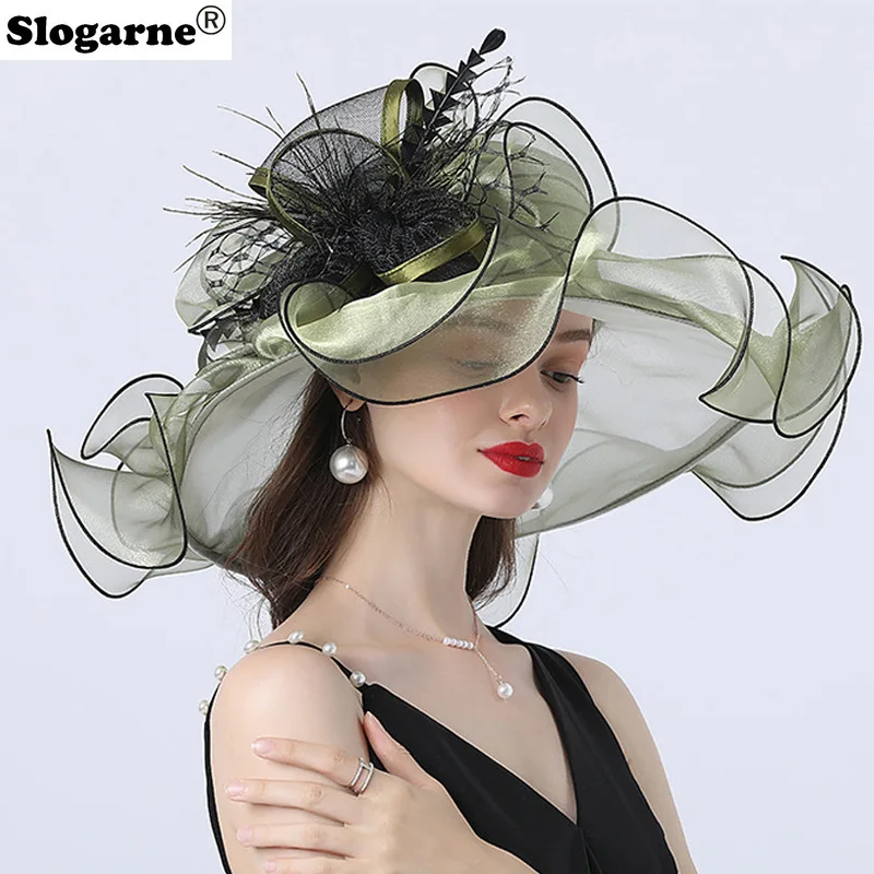 

Spring Summer Big Brim Sun Hats Women Organza Wide Brim Sunscreen Hats Flower Ladies Wedding Party Kentucky Wide Church Fedoras