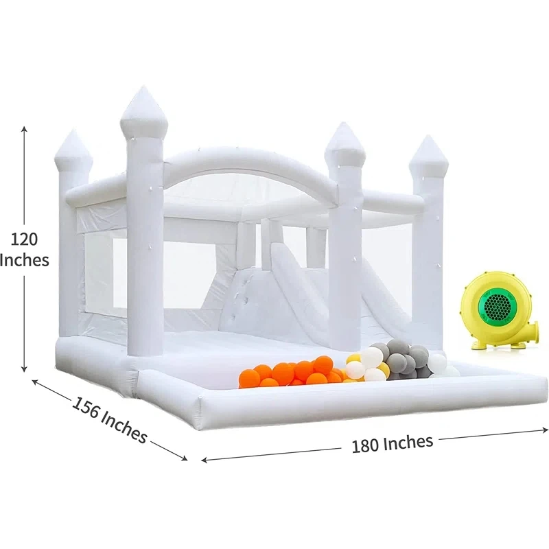 Casa de rebote blanca de PVC de 15 pies con tobogán y piscina de bolas, castillo inflable inflable de puente grande para decoración de bodas, cumpleaños y fiestas