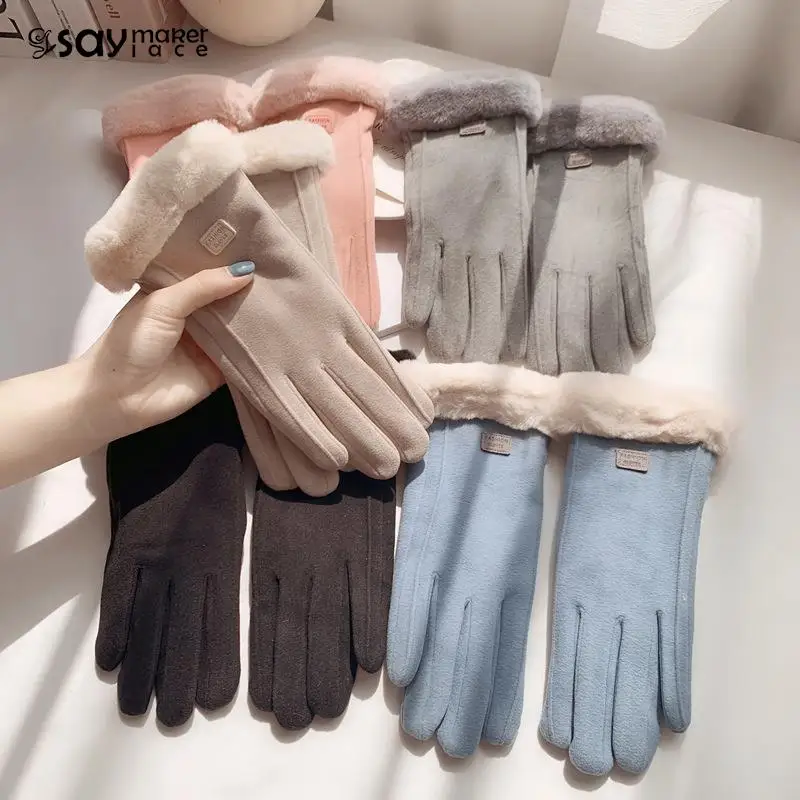 Autumn Winter Fleece-lined Gloves Fashion Gloves Cute Furry Warm Mitts Full Finger Mittens Women Outdoor Sport Female Gloves