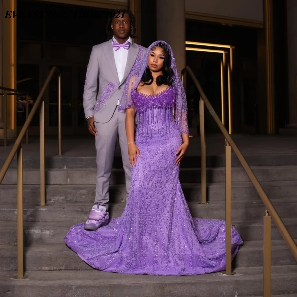 EVLAST Customized 2026 Lilac Mermaid Prom Dress For African Black Girls Crystal Beaded Tassel Evening Gown Robe De Soiree SP288
