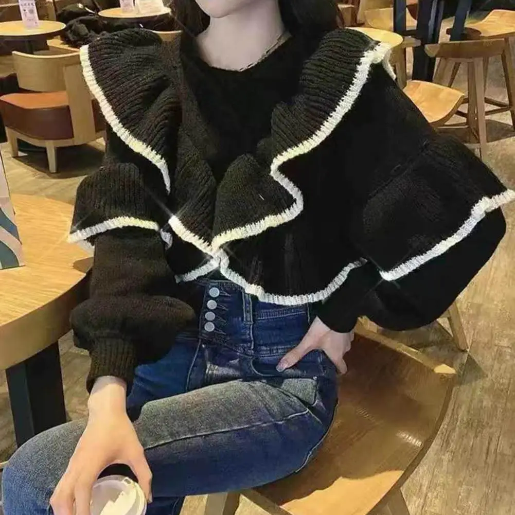 Women Winter Sweater Buttons Ruffle Loose Sweater Vintage Princess Style Single-breasted Knitted Sweater Lady Fall Spring Top
