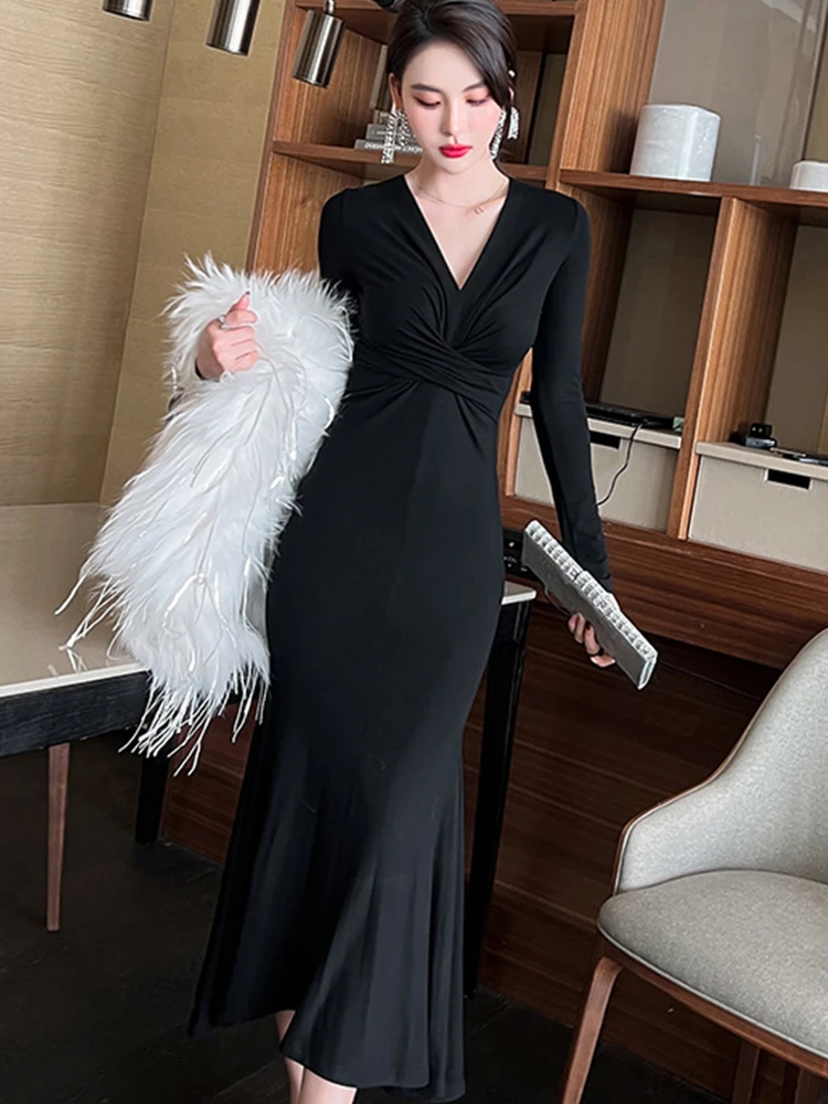 

2023 Spring Simple Basics Maxi Dress Women Black Solid Elastic Pullover Long Dresses Folds Trumpet Robe Female Bottom Vestidos