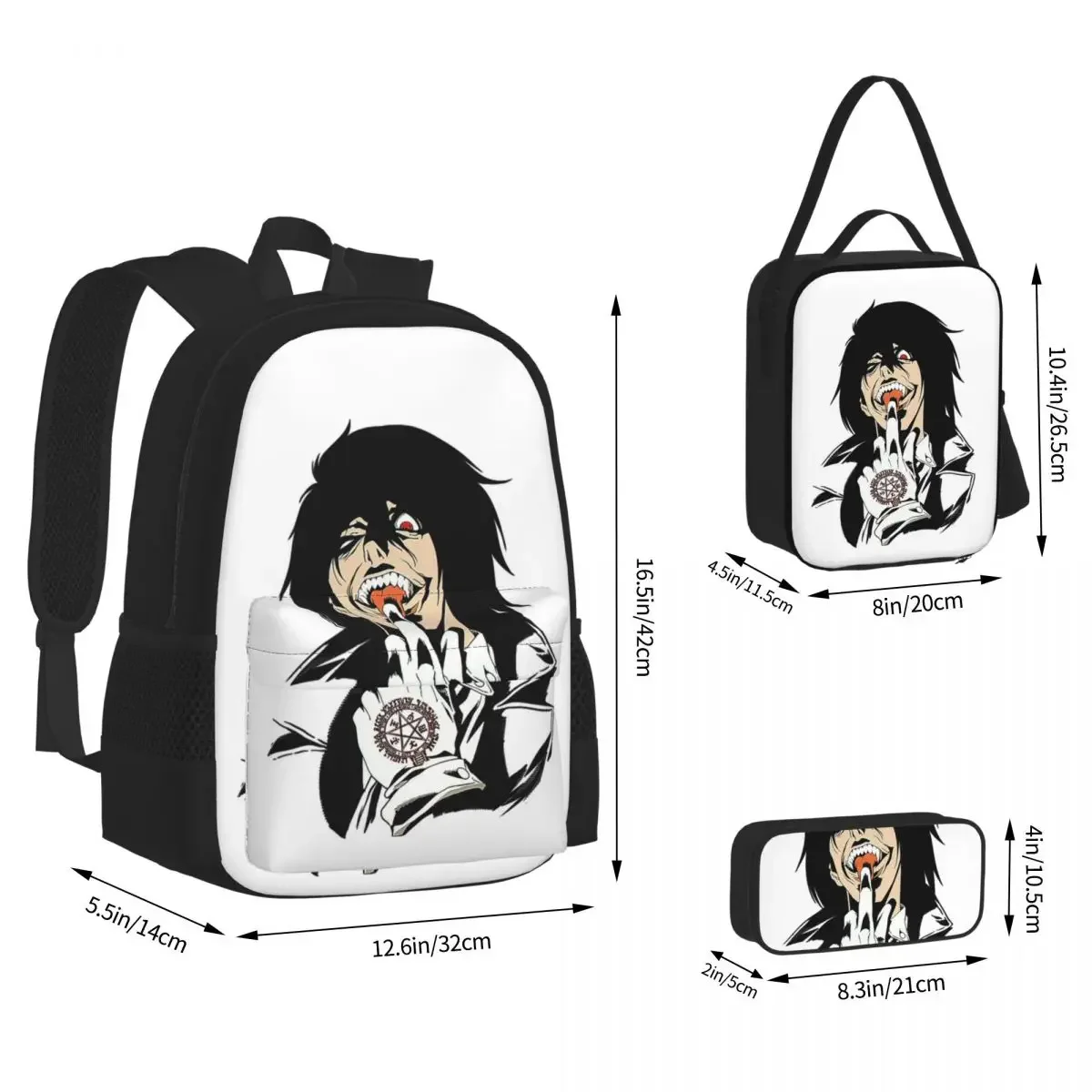 Alucard-mochila de Manga Hellsing para niños y niñas, morral escolar de dibujos animados, bolsa de almuerzo, juego de tres piezas