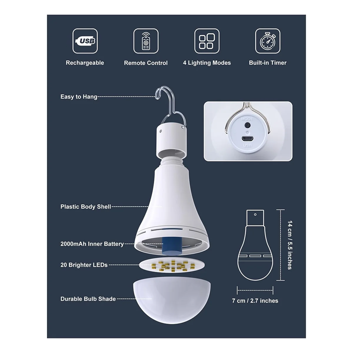 ABBO-USB Rechargeable Light Bulb with Remote for Home Power Outage, Hanging LED Light Bulb with Hook for Outdoor 2 Pack