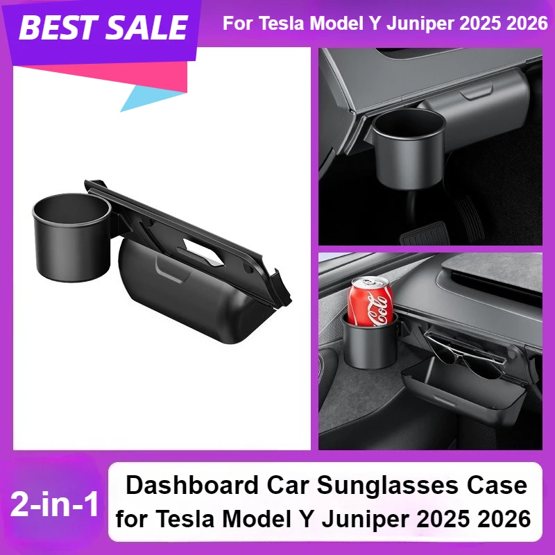 

For Tesla Model Y/YL Juniper 2025 2026 Water Cup Holder Dashboard Car Sunglasses Case 2-in-1 Beverage Cup Tray Storage Organizer