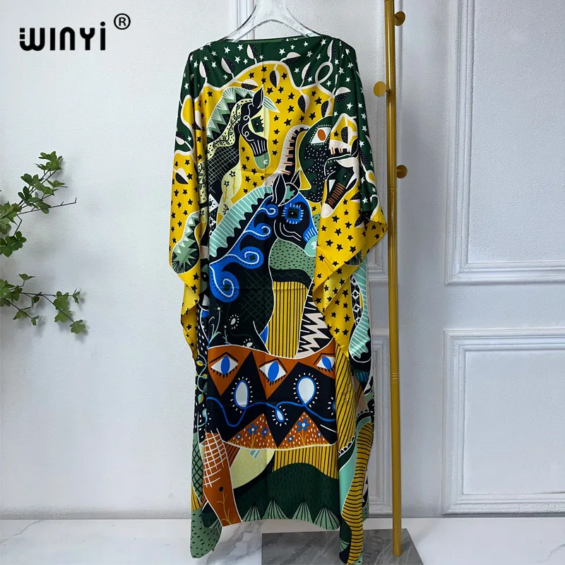 WINYI 2024 New African Women Dashiki boho print muslim woman dubai Free Size Design With Scarf Maxi Loose African Elegant Dress