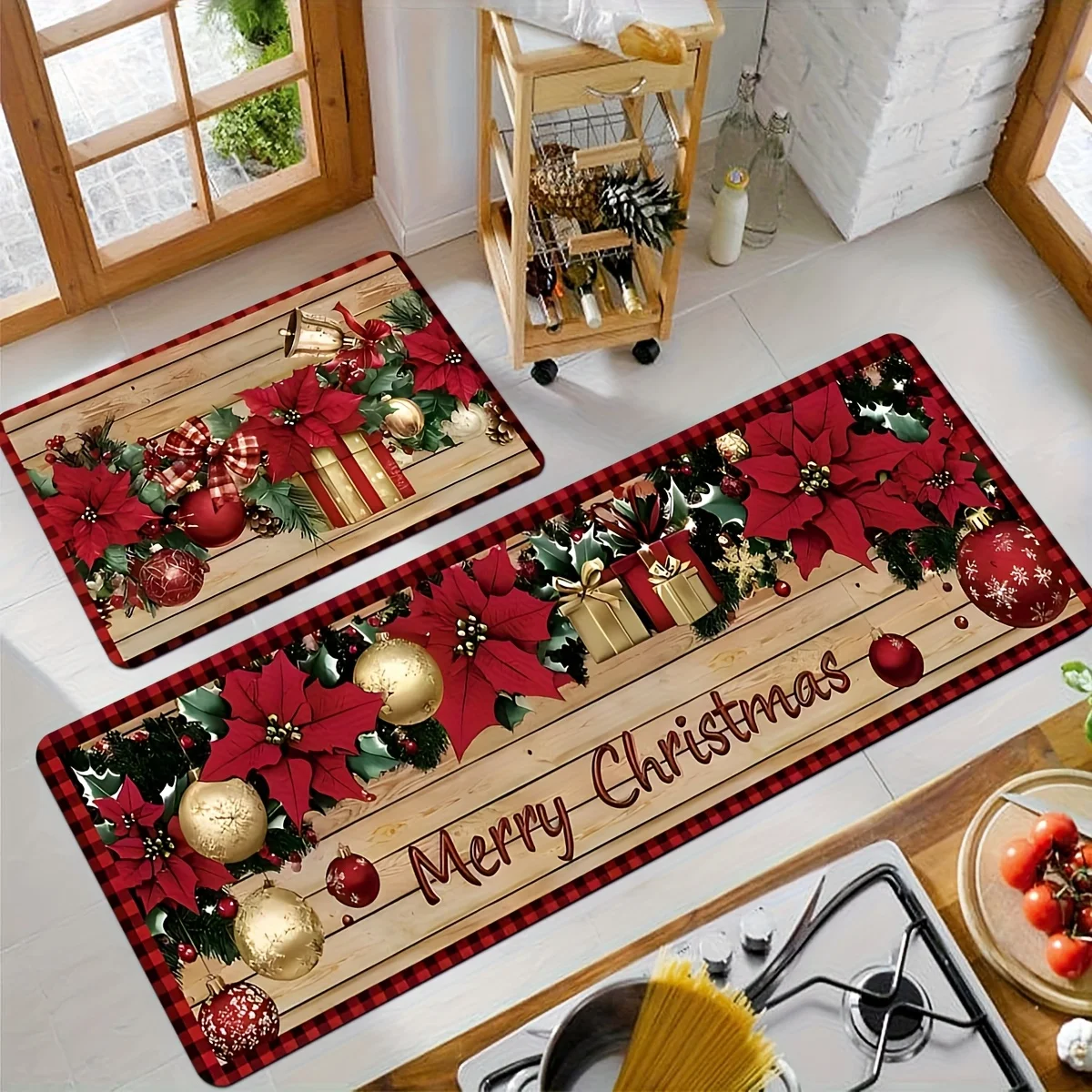 VIKAMA Farmhouse Christmas Kitchen Mat Set Anti Slip Washable Rug Wooden Poinsettia Gift Bell Holiday Floor Runner Carpet