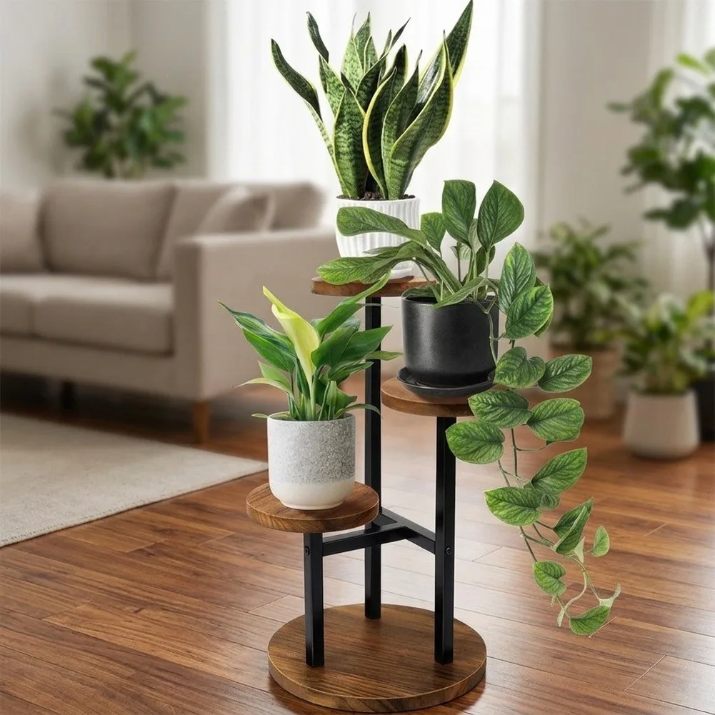 3-Tier Corner Plant Stand Table Crafted from Carbonized Pine Wood and Equipped with Non-Slip Floor Protection Pads