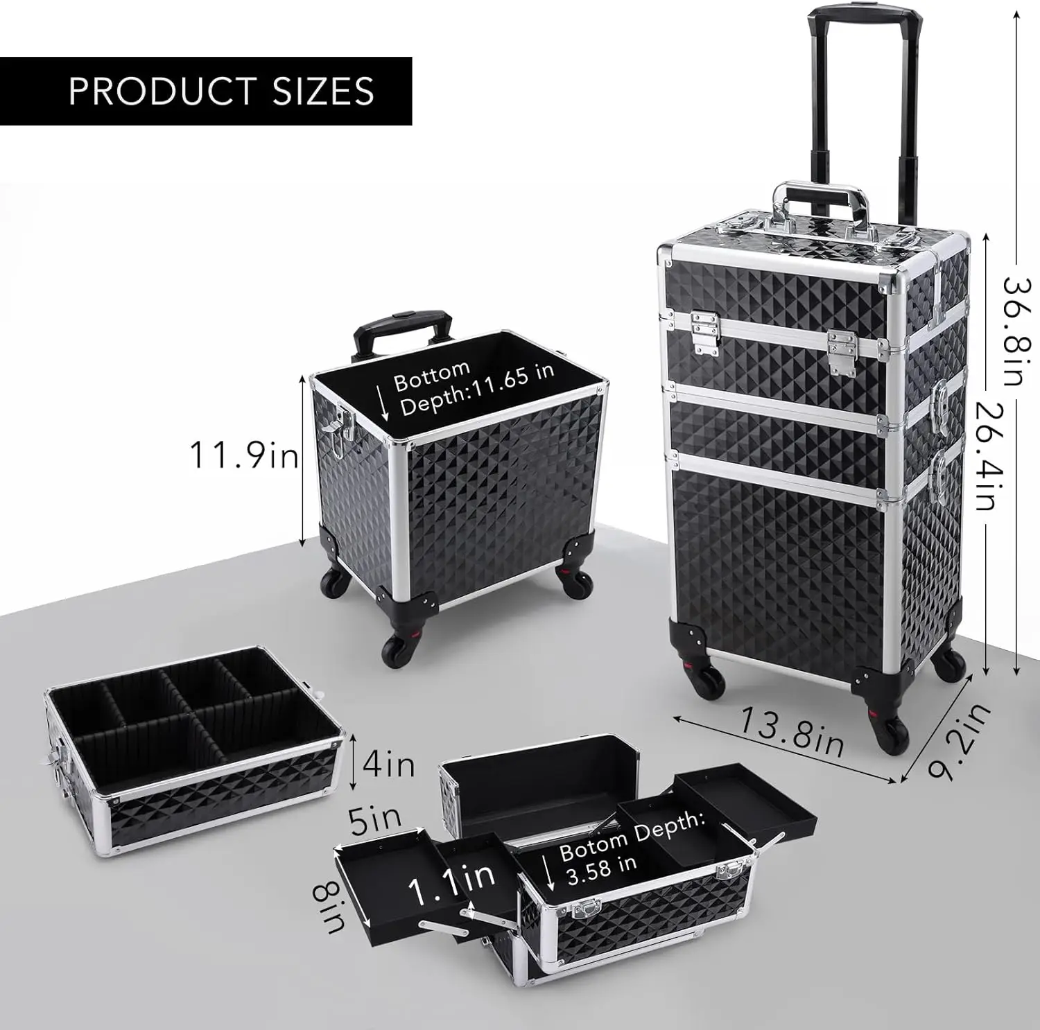 3 in 1 Rolling Makeup Train Case Professional Cosmetic Trolley Large Storage with Keys Swivel Wheels Salon Barber Case Traveling