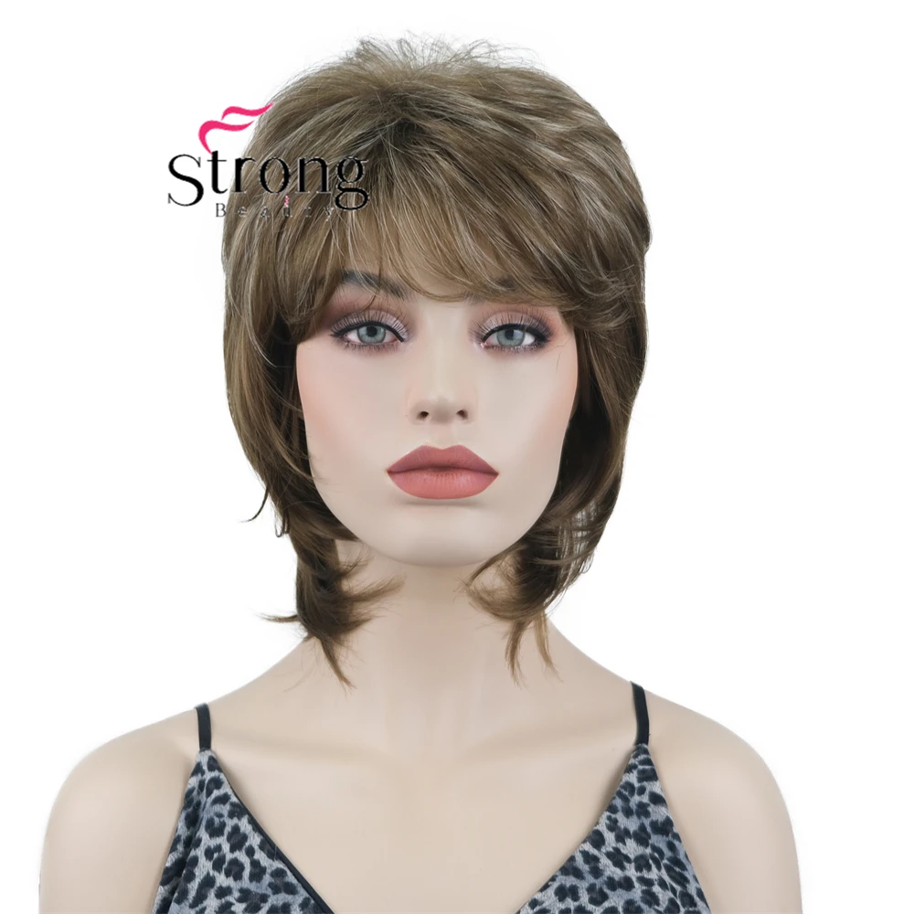 Short straight light brown with highlight medium length cascaded layers synthetic womens full wig