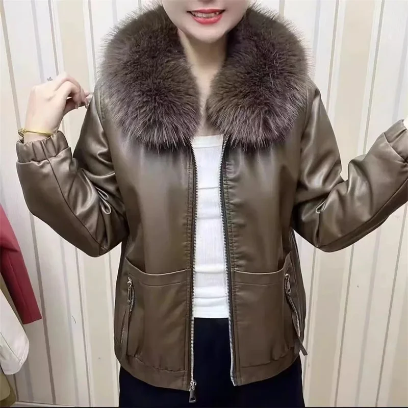 

2024 Plush Leather Jacket Women's Short Outerwear Autumn Winter Fur Collar Thicken Velvet Coat Lady Streetwear Loose Warm Tops