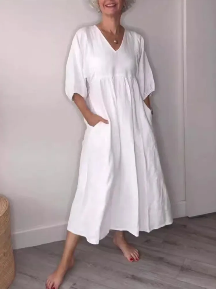 Casual Solid Simple Pleated Cotton Linen Dress Women Summer Trendy V Neck Pocket Long Dresses Autumn 3/4 Sleeve Loose Vestidos