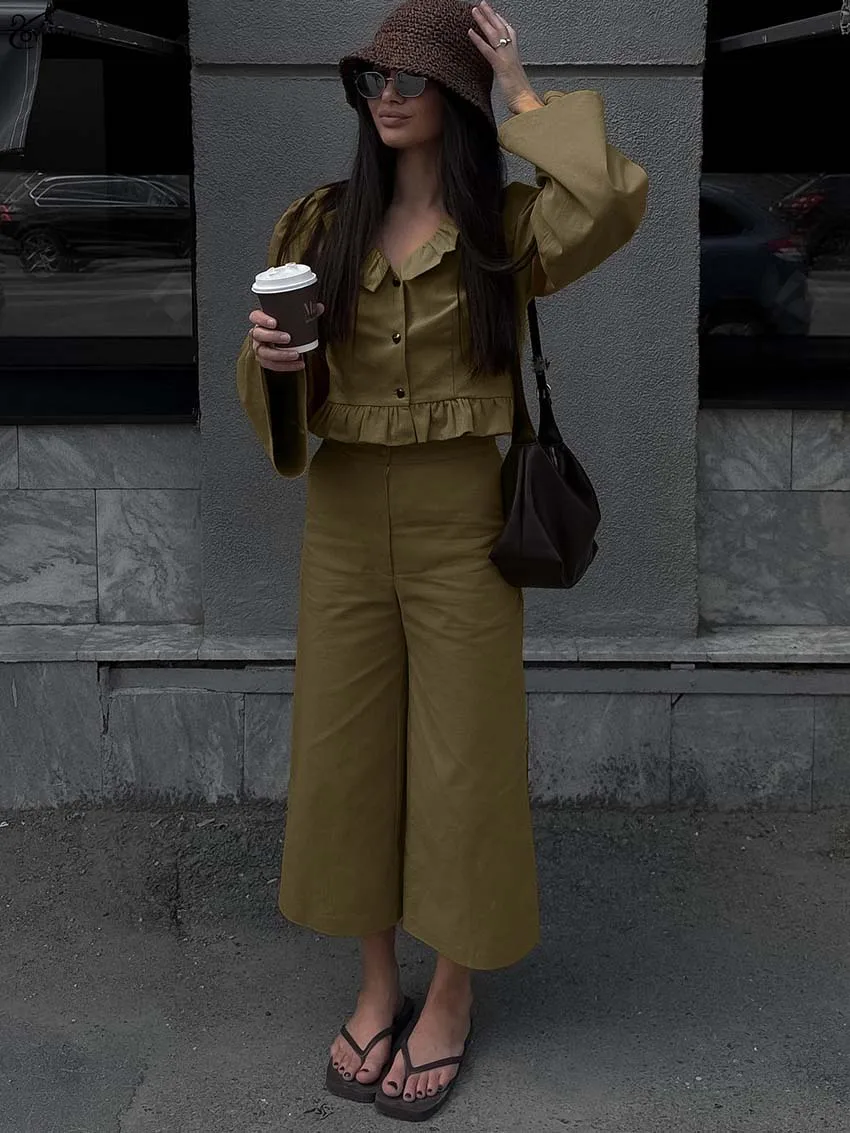 

Oymimi Fashion Khaki Cotton 2 Piece Sets Woman Outfit Elegant Long Sleeve Single Breasted Ruffled Shirts And Simple Pants Sets