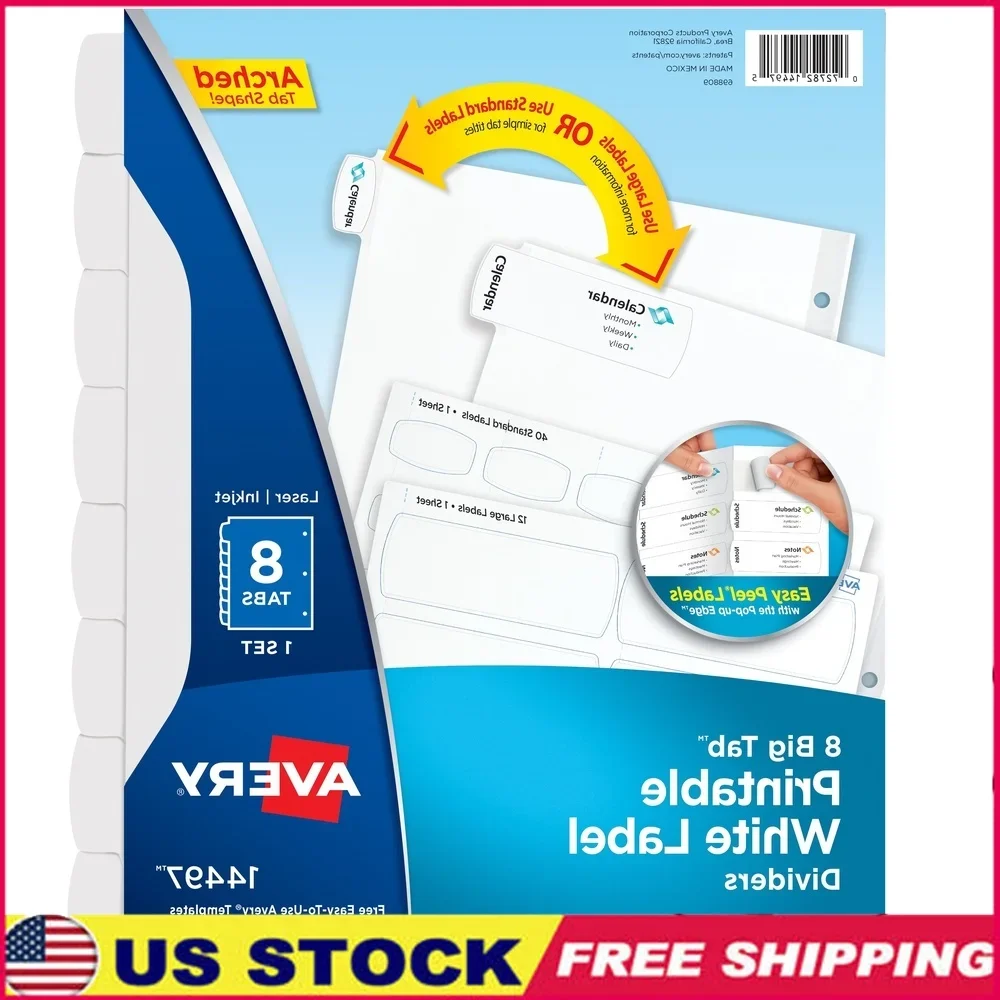 

Printable Label Divider 8-Tab Set Large Standard Labels Easy Peel Durable Reinforced Paper Compatible with Inkjet Laser Printers