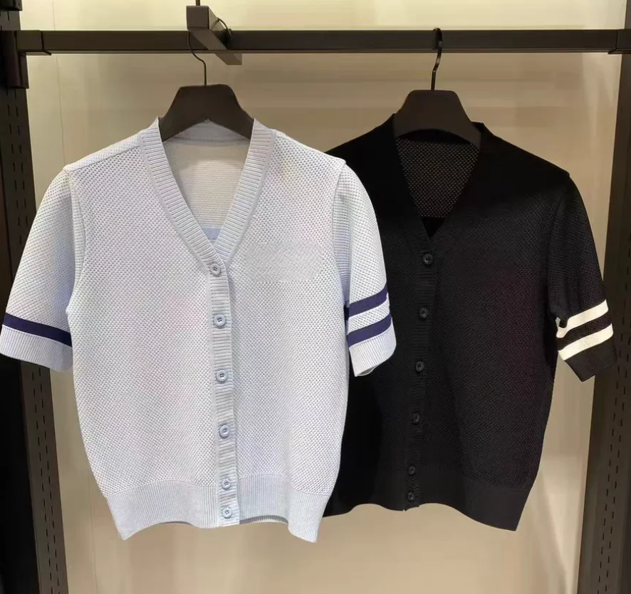 2026 Summer Women Preppy Golf Cardigan Striped Color Block V Neck Short Sleeve Thin Knit Slim Breathable Casual Sport Top
