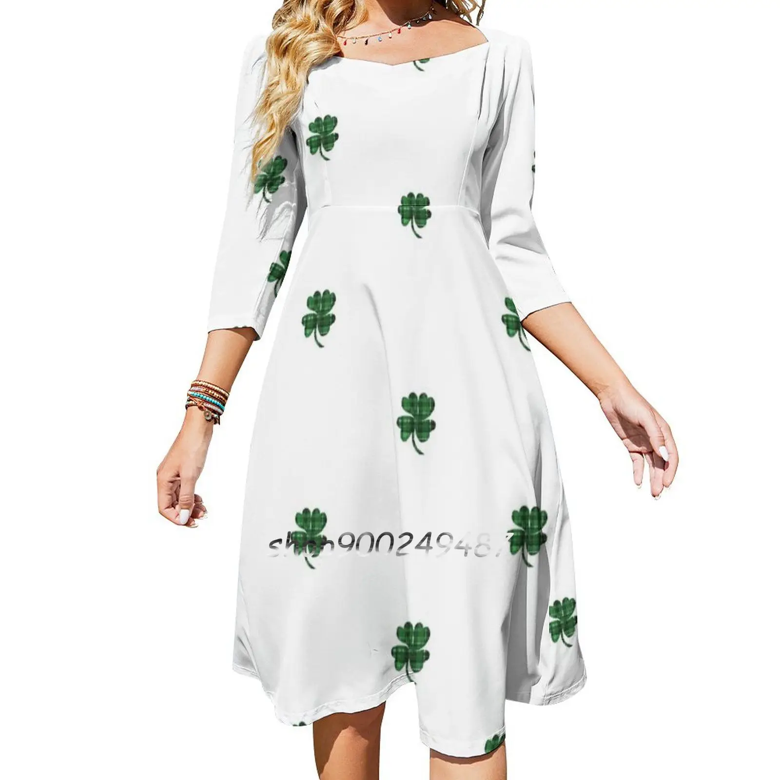 Four Leaf Plaid Clover Square Neck Dress Cute Loose Print Dresses Elegant Beach Party Dress St Patricks Day Art St Patricks Day