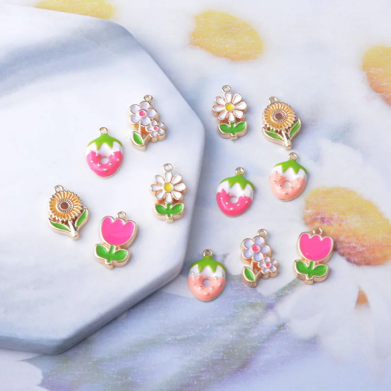 6 Stück hochwertige goldene Tulpen- und Sonnenblumen-Anhänger, emaillierte Erdbeer-Halskette, Ohrringe, Anhänger, nickelfrei und bleifrei – Detail 11