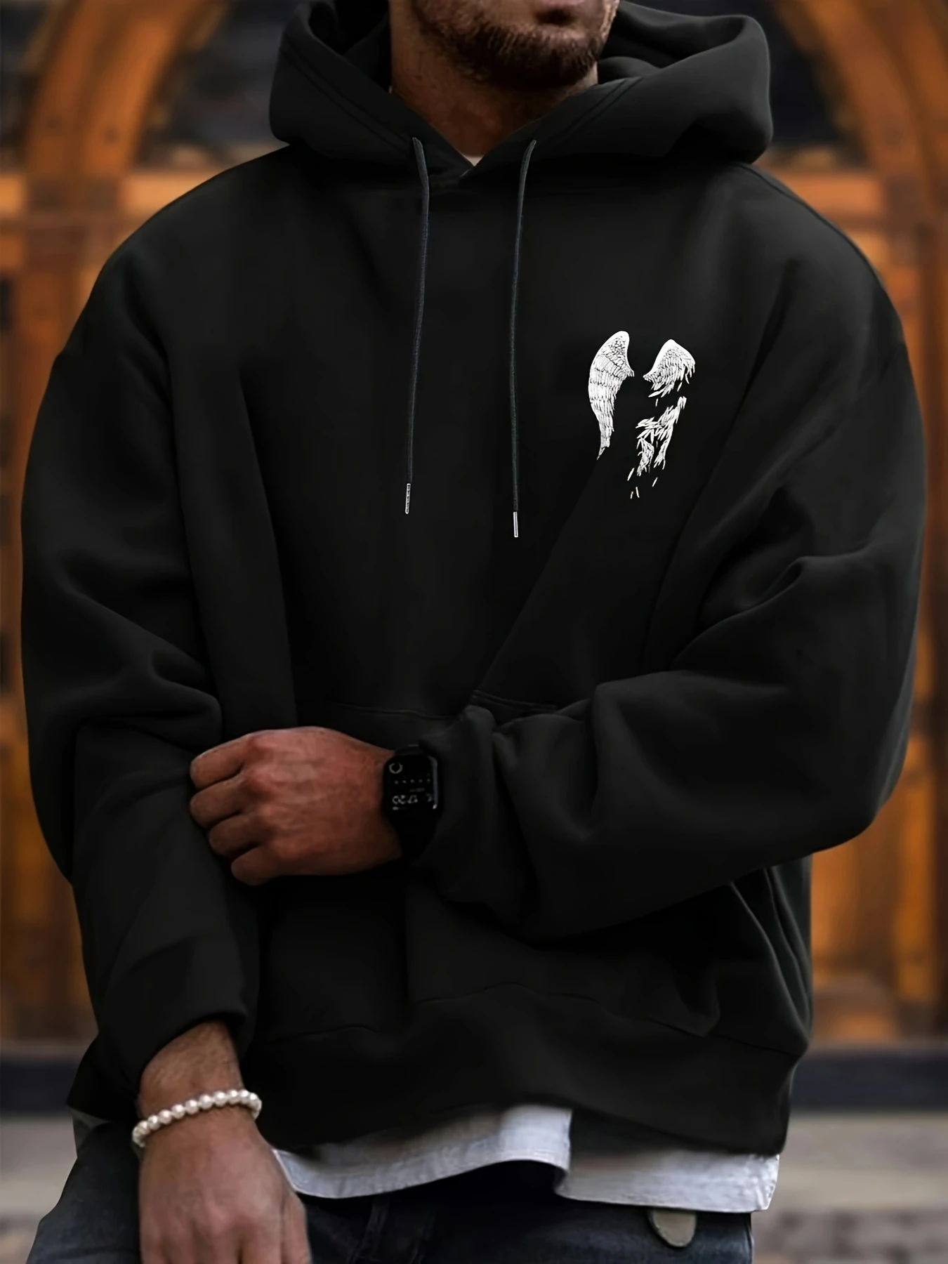 Men'S Autumn and Winter Essential Warm Hooded Sweatshirt with Wing Print, Versatile Sports Casual Loose Hooded Sweatshirt