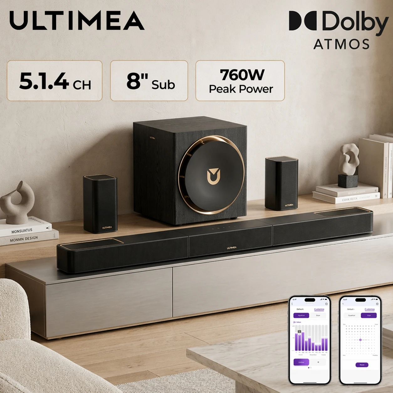 

Саундбар ULTIMEA Skywave Series 5.1.4ch с Dolby Atmos для телевизора, с беспроводным сабвуфером и 2 колонками для объемного звучания, домашний кинотеатр