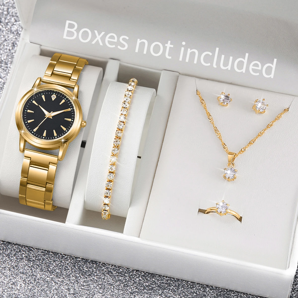 6PCS/Set Women Watches Fashion Gold Plated Band Ladies Quartz Watch Rhinestone Jewelry Set Reloj Mujer（Without Box）