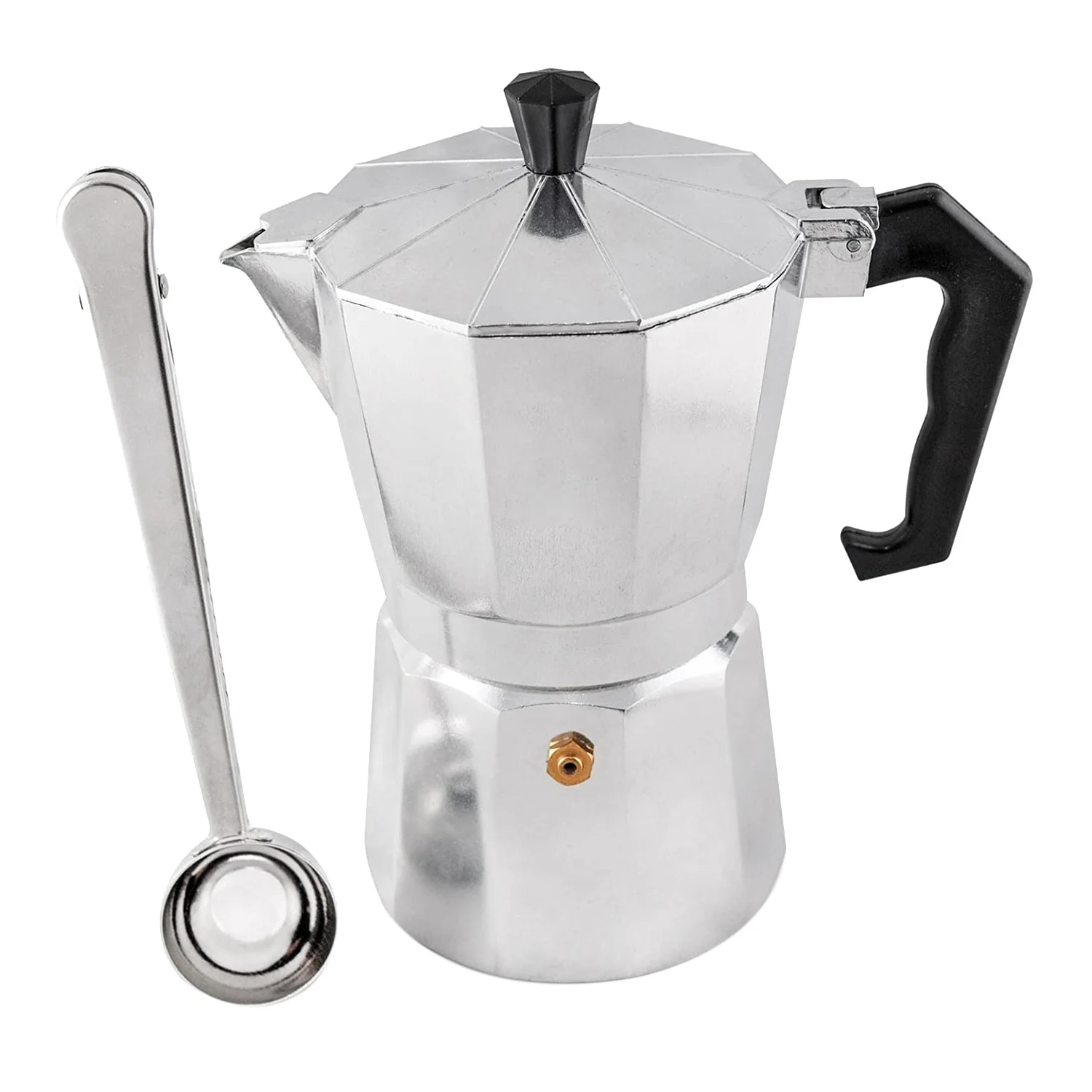 Moka Pot 300Ml 6 tazas de estufa máquina de café expreso con cuchara de clip de café de acero inoxidable gratis, aluminio, plata