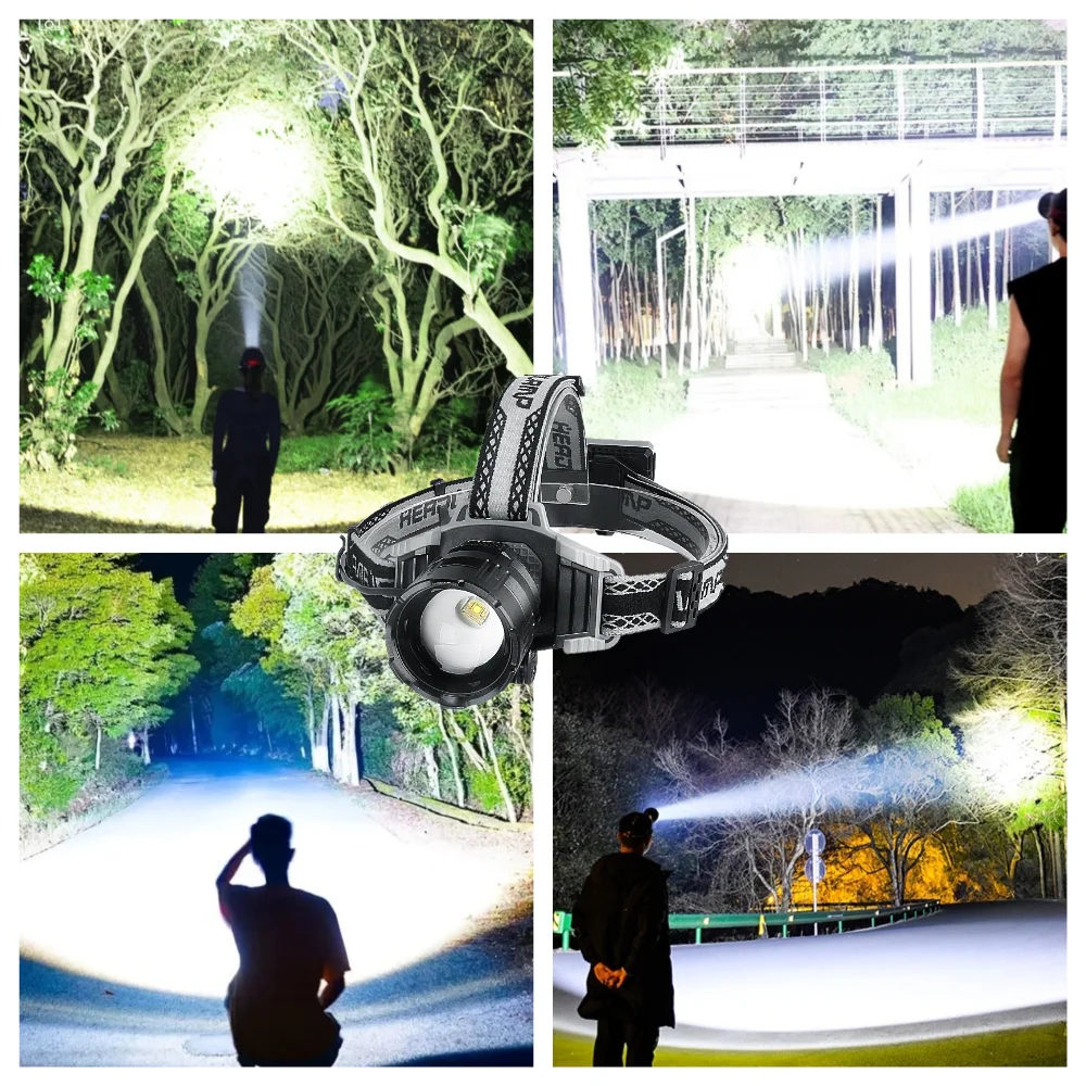 990000000LM Headlight Long Shot 6000M Super Bright LED Headlamp Type-C Rechargeable Zoom Head Torch for Outdoor Fishing Hunting