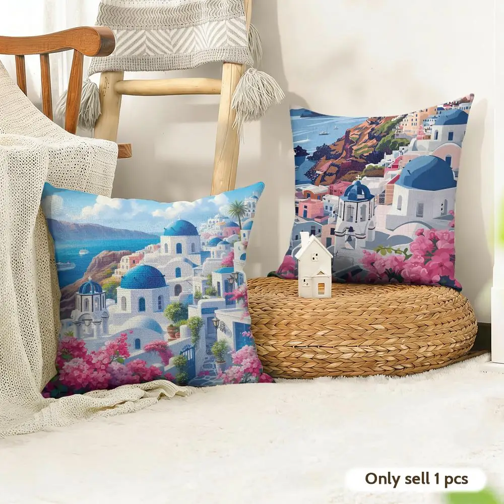 Santorini Landscape Cushion Cover Natural Linen Double Sided Print  Throw Pillow Case for Sofa Couch Home Decor