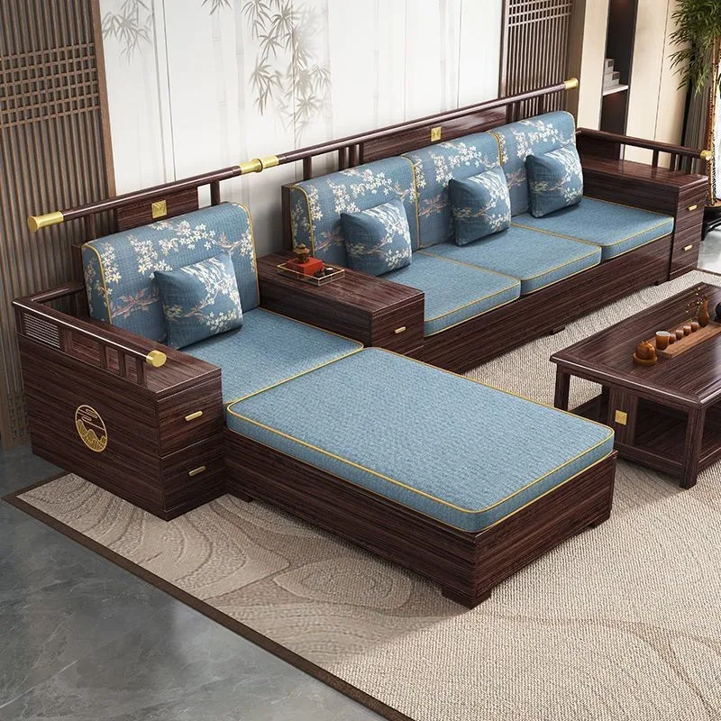 Ebony solid wood sofa combination living room size apartment winter and summer dual-purpose high box storage sofa