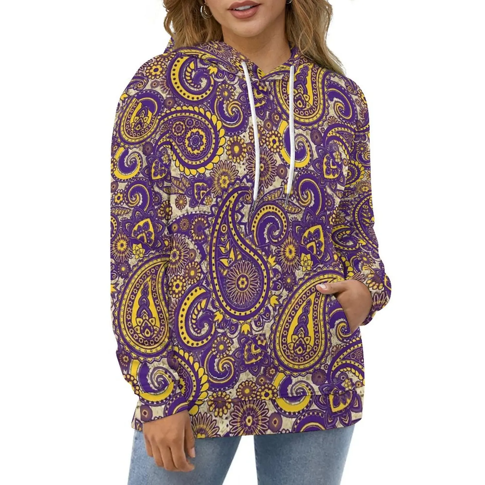 Vintage Paisley Hoodies Long Sleeve Gold Sparkle Print Casual Hoodie Winter Street Fashion Oversize Pattern Loose Sweatshirts