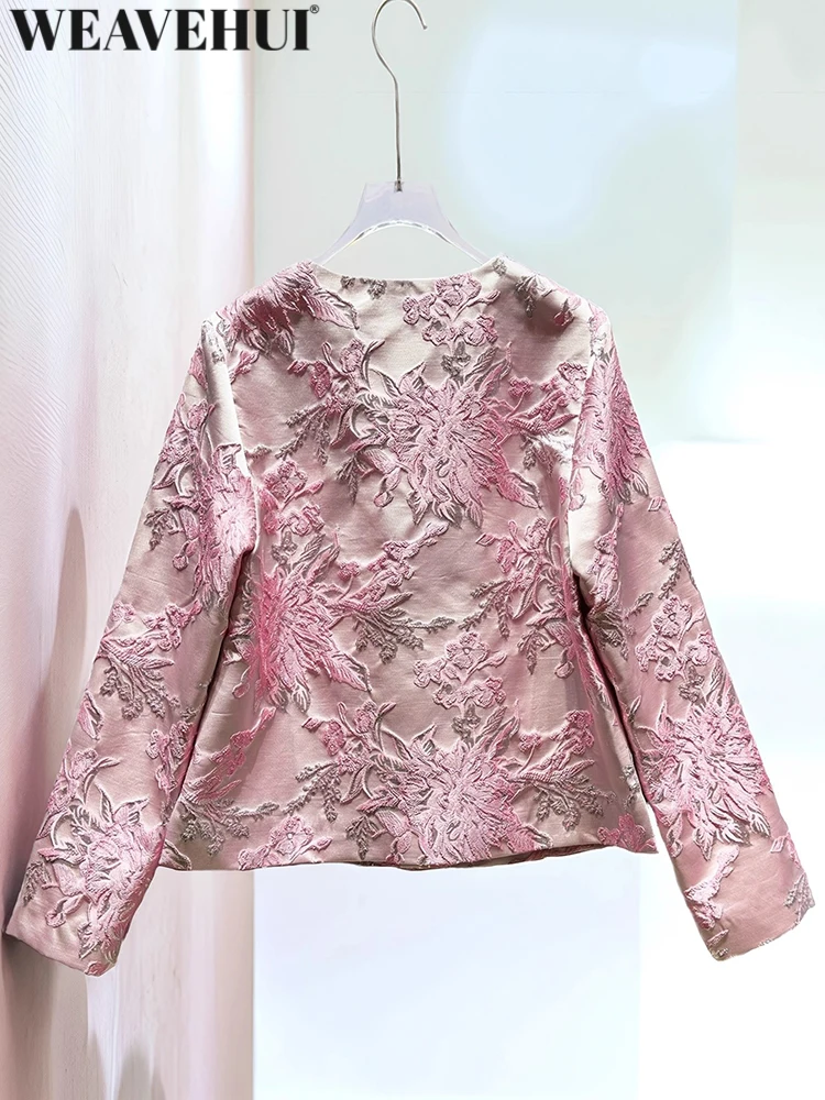 WEAVEHUI Beaded Jacquard Jacket for Wome O-Neck Long Sleeves Concealed Buttons Vintage Jacket for Autumn Fashion