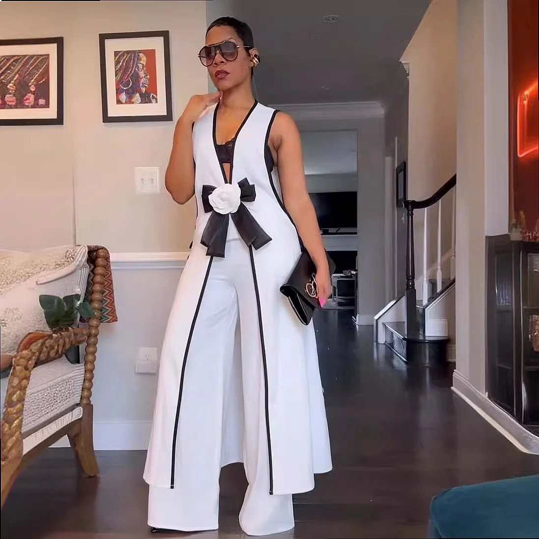 Sexy Camellia Bow Sleeveless Long Vest Dress Wide Leg Pants Matching Set Jumpsuit Playsuit