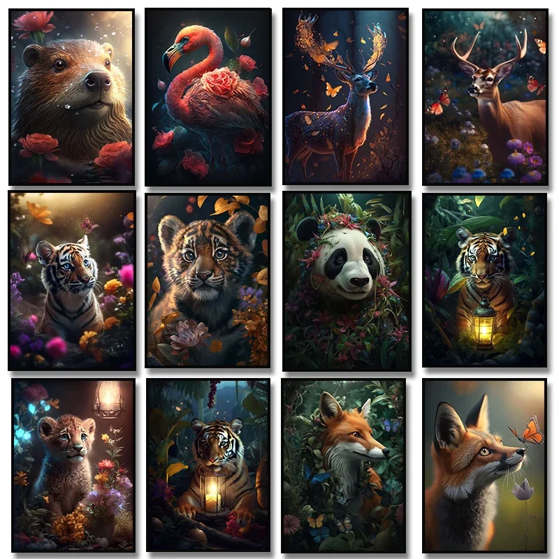 Flower Jungle Animal Lion Little Tiger Butterfly Panda Fox Flamingo Forest Wall Art Poster Canvas Painting for Room Home Deco